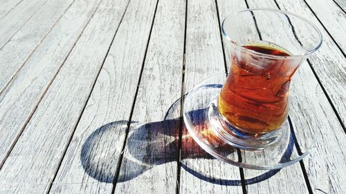 High angle view of beer on table