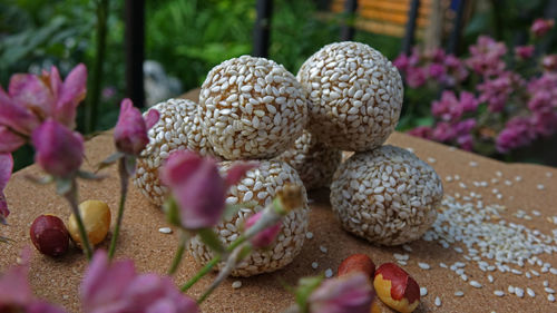 Close-up of pink flowers on table