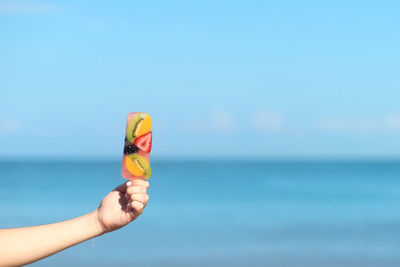 Person holding umbrella against sea against clear sky