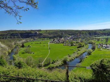 Scenic view of landscape against clear blue sky