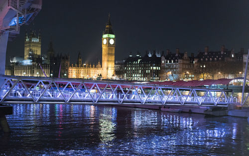 Illuminated bridge over buildings in city at night