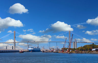 View of suspension bridge against cloudy sky