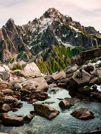 Scenic view of rocks and sea against sky