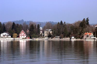 Scenic view of calm lake against clear sky
