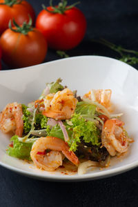 High angle view of salad served in plate on table