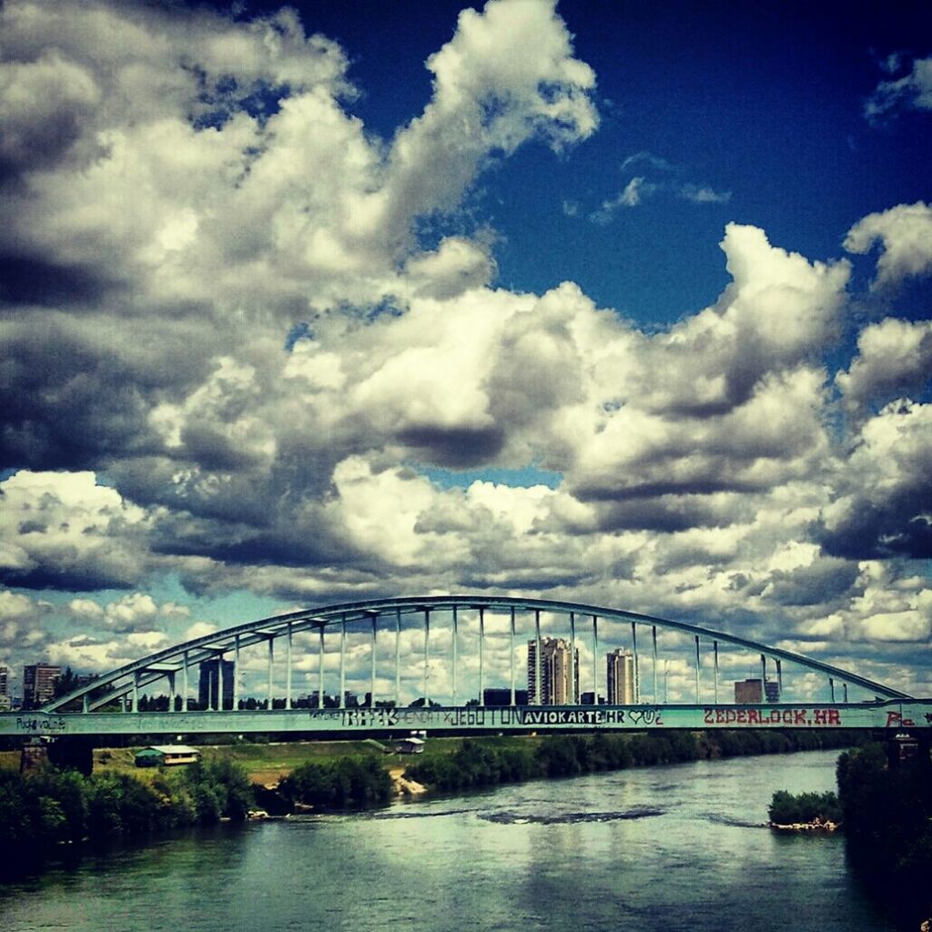 connection, bridge - man made structure, sky, architecture, built structure, water, cloud - sky, river, bridge, cloudy, engineering, waterfront, transportation, cloud, arch bridge, suspension bridge, weather, overcast, nature, day