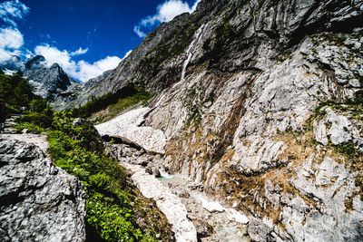 Low angle view of rocks and mountains against sky