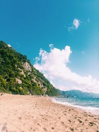 Scenic view of beach against blue sky