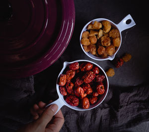 High angle view of man preparing food