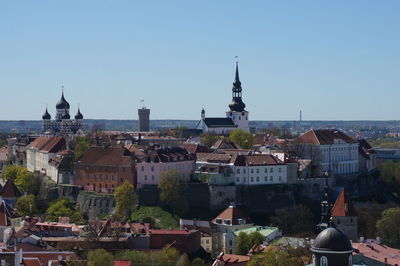 Buildings in town against clear sky