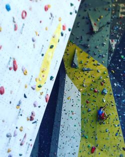 Low angle view of man bouldering on climbing wall