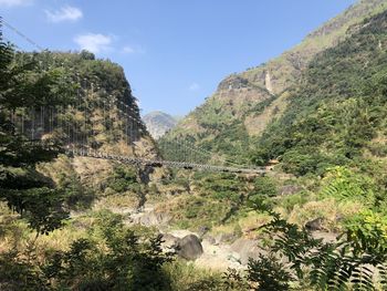 Scenic view of trees and mountains against sky