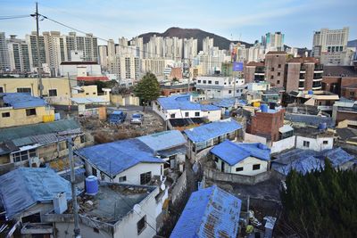 High angle view of buildings in city