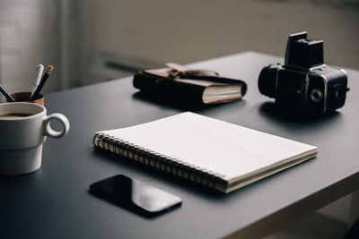 High angle view of objects on table