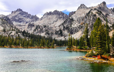 Scenic view of lake and mountains against sky