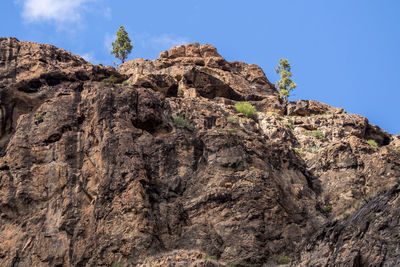 Low angle view of rock formation against clear blue sky