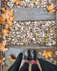 Low section of person standing on dry leaves