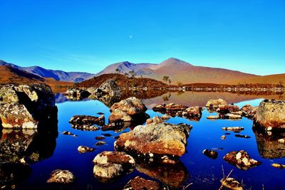 View of rocks in lake against blue sky