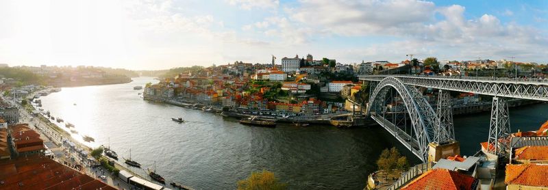 High angle view of bridge over river in city against sky