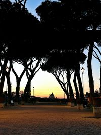 Silhouette trees on beach against sky at sunset