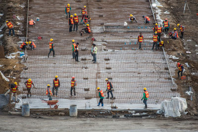 High angle view of people working at construction site