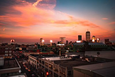 City skyline at sunset