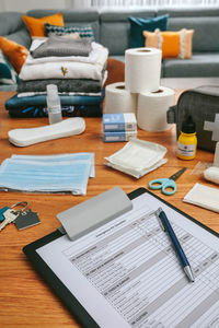 High angle view of objects on table