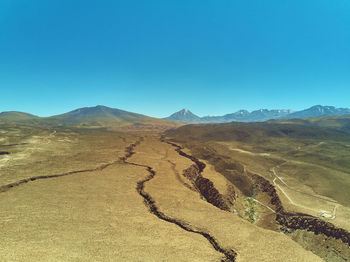 Scenic view of desert against clear blue sky