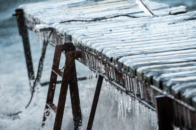 Close-up of icicles on metal during winter