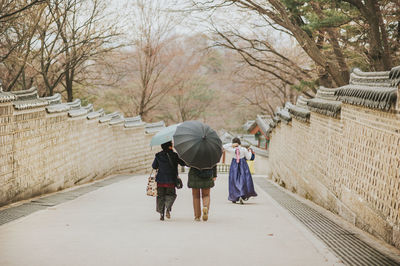 Rear view of people walking on street amidst trees