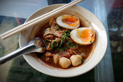 Close-up of soup served in bowl