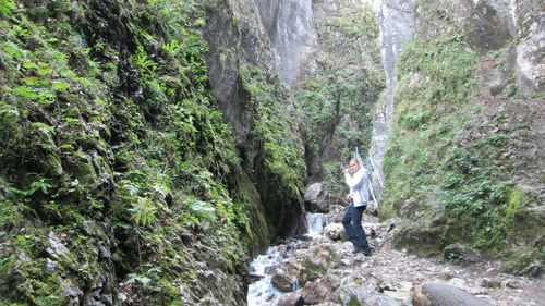 Woman standing by waterfall in forest