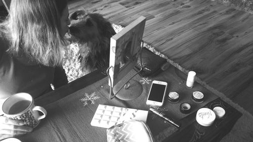 High angle view of dog on table