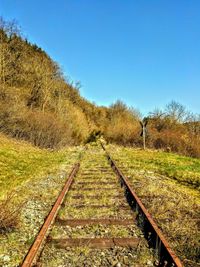 Railroad tracks on field against clear sky