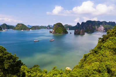 Scenic view of bay against sky