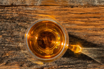 High angle view of beer glass on table