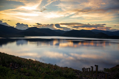 Scenic view of lake against sky during sunset