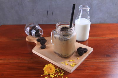 High angle view of drink in glass on table