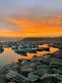 Sailboats moored at harbor during sunset