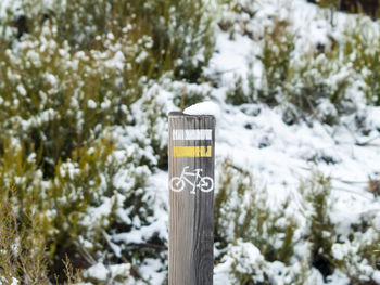 Close-up of road sign on snow