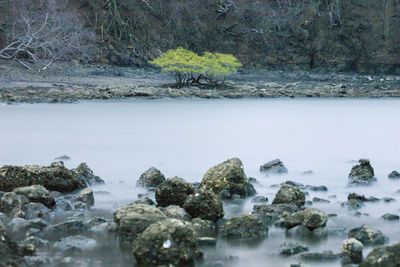 Scenic view of rocks in sea during winter