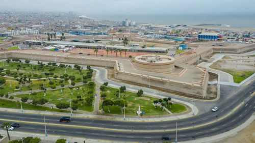 High angle view of cityscape against sky