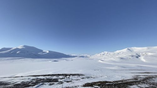 Scenic view of snowcapped mountains against clear blue sky- svalbard 