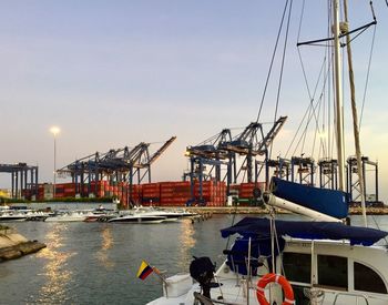 Sailboats moored in harbor at sunset