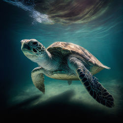 Green sea turtle close up over coral reef in hawaii