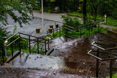 Wet staircase of house during rainy season