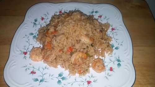 High angle view of food in plate on table