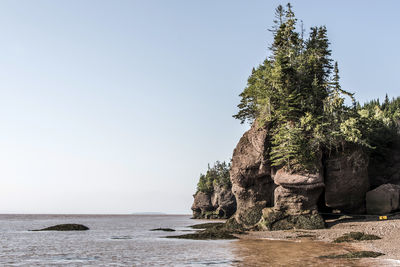 Rock formation by sea against clear sky