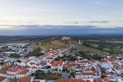 Arraiolos village drone aerial view at sunset in alentejo, portugal