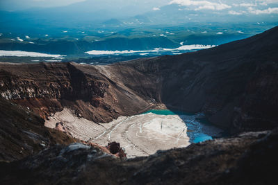 High angle view of snowcapped mountains against sky